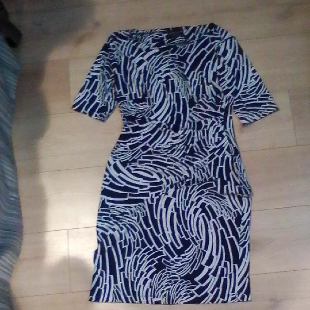 Connected Apparel Blue and White Swirl Midi Dress
